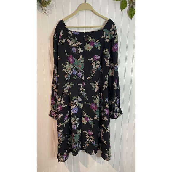 Floral Long-Sleeve Shift Dress By Loft Plus Sz 20 Black With Multicolor Flowers - Picture 2 of 13